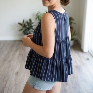 Striped Navy Sleeveless Tiered Ruffle Tank Top.  New Whit Out tag